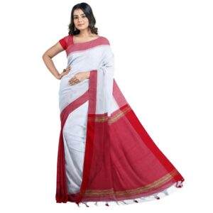 White and Red Bengali Silk Handloom Sari Patli Pallu