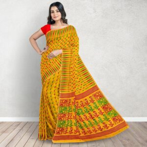 Traditional Yellow Red Dhakai Jamdani Saree