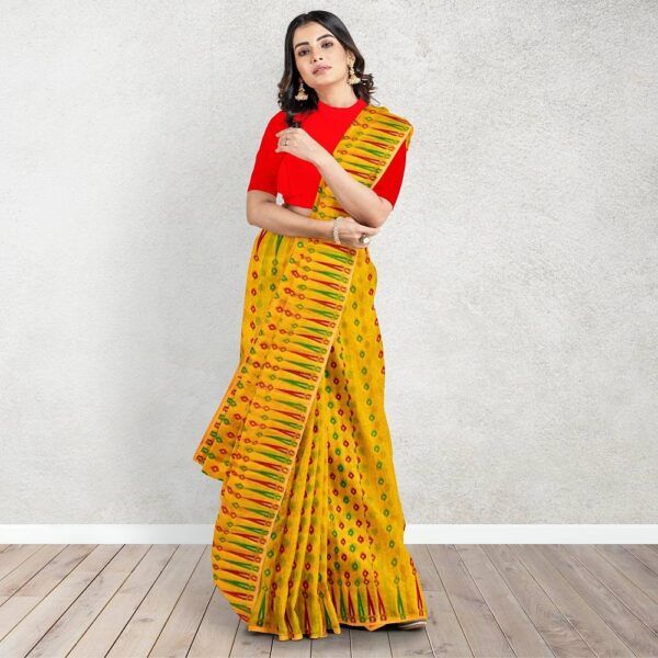 Yellow Dhakai Jamdani Saree with temple border