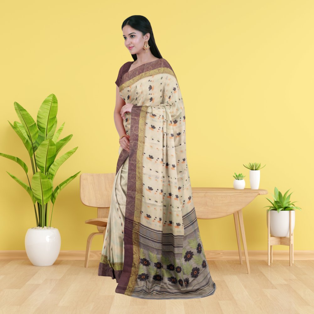 Cream Pure Tussar Silk Tant Saree 3 Cream Tussar Silk Saree