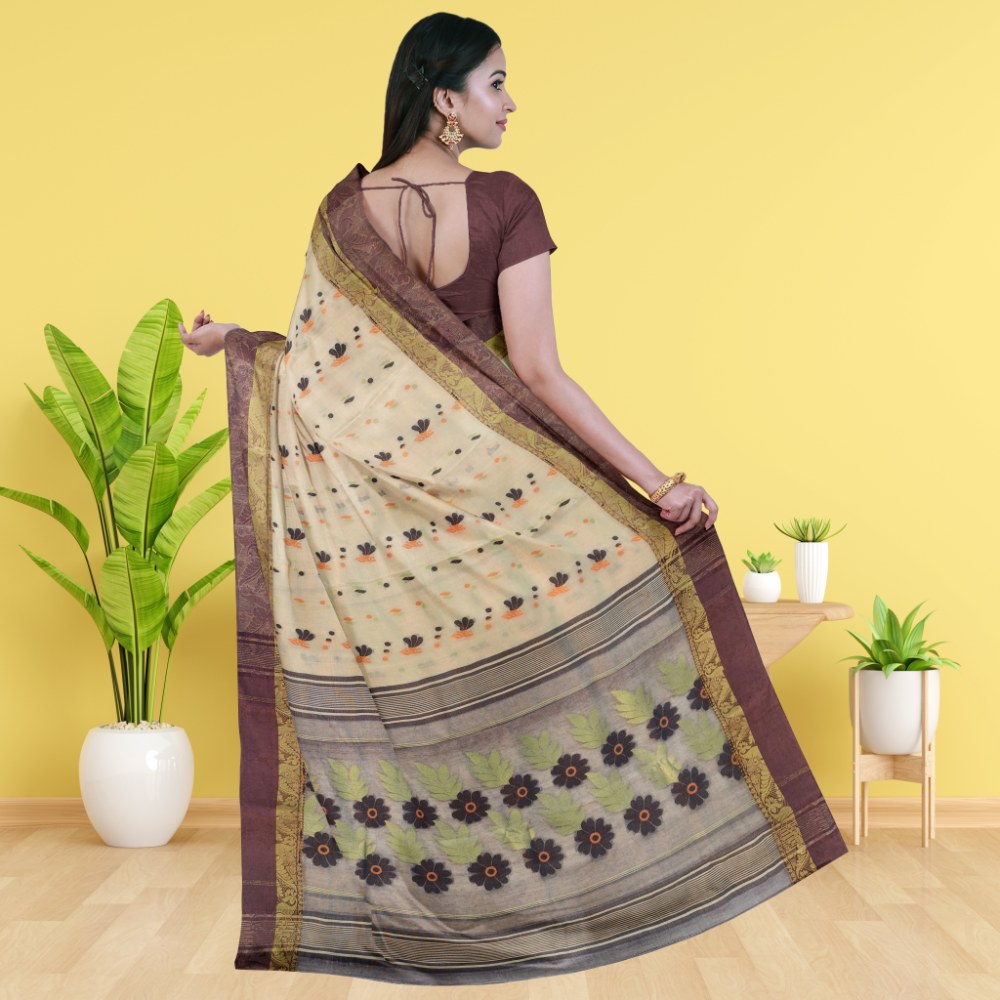 Cream Pure Tussar Silk Tant Saree 2 Cream Tussar Silk Saree