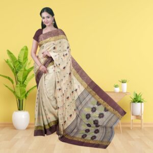 Cream Pure Tussar Silk Tant Sa...