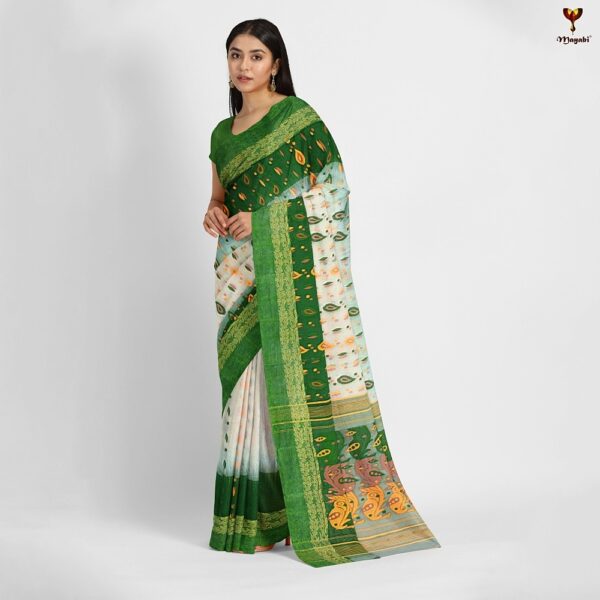 Off White Tant Banarasi Saree with Green Border