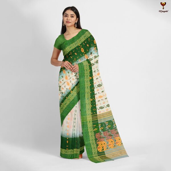 Off White Tant Banarasi Saree with Green Border