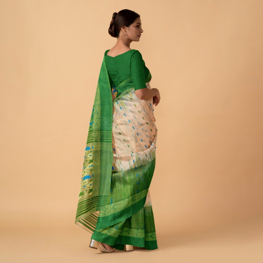 Off White 100% Pure Tussar Cotton Saree with Green Velvet Border 2 Off White Tant Banarasi Saree with Zari Work