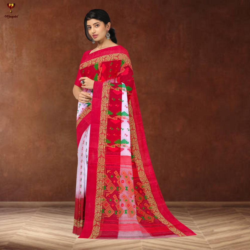 White Bengali Banarasi Saree with Red Border 3 White Banarasi Saree with Red Border
