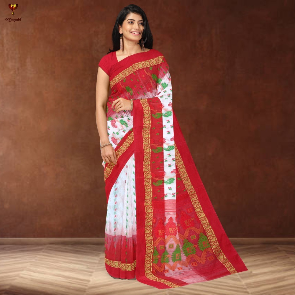 White Bengali Banarasi Saree with Red Border 1 White Banarasi Saree with Red Border