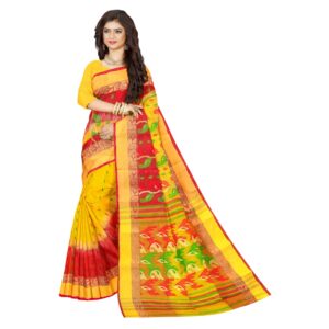 Yellow & Red Tussar Silk Tant Banarasi Saree