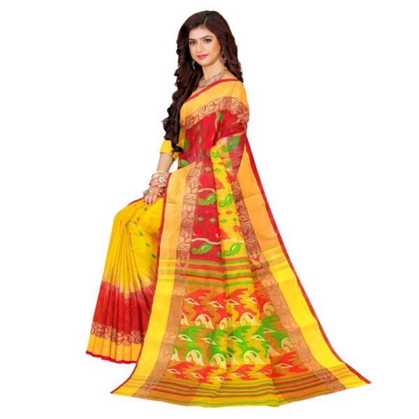 Yellow & Red Tussar Silk Tant Banarasi Saree