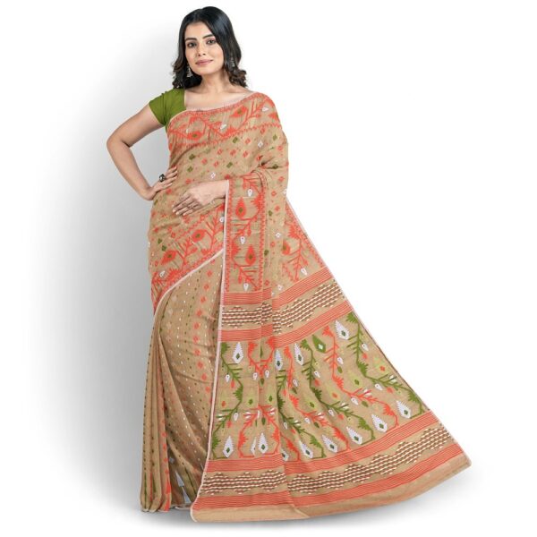 Off White Tant Dhakai Jamdani Saree for Durga Puja