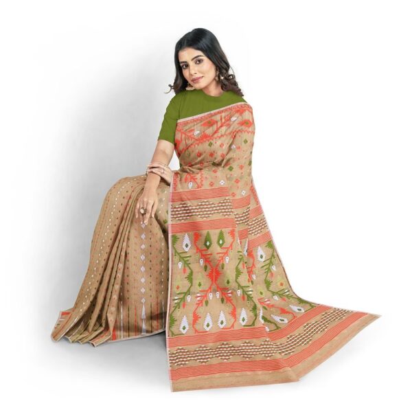 Off White Tant Dhakai Jamdani Saree for Durga Puja