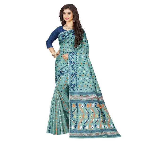 Teal Blue Cotton Silk Dhakai Jamdani Saree - Image 3