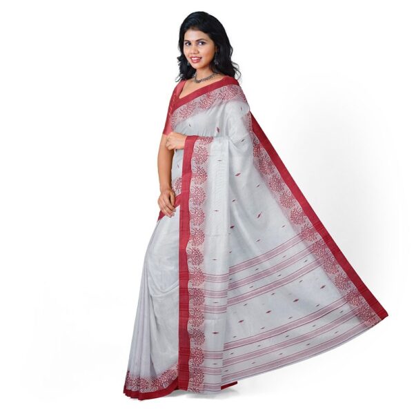 White Cotton Handloom Saree with Red Border