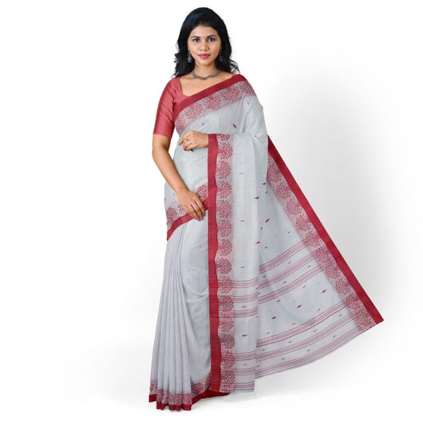 White Cotton Handloom Saree with Red Border