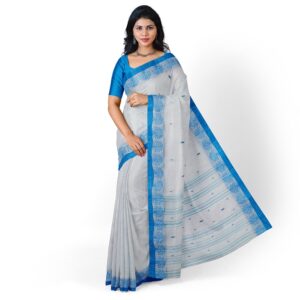 Premium Pure Cotton White Tant Saree with Blue Border