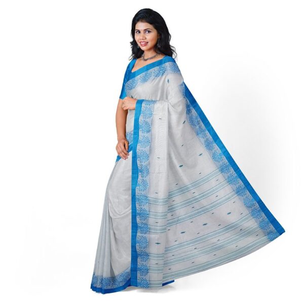 White Cotton Tant Saree with Blue Border