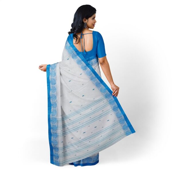 White Cotton Tant Saree with Blue Border