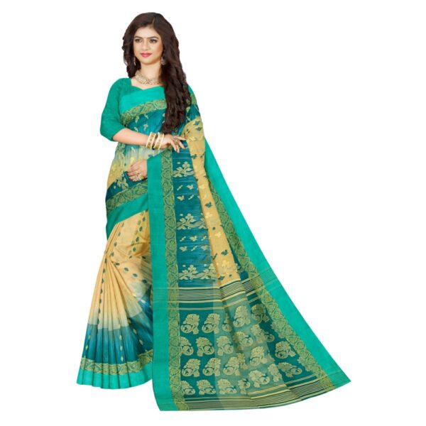 Cream Tant Banarasi Sari with Sea Green Border