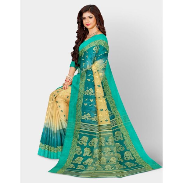 Cream Tant Banarasi Sari with Sea Green Border