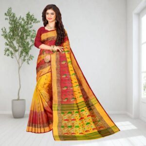 Yellow Cotton Tant Banarasi Sa...