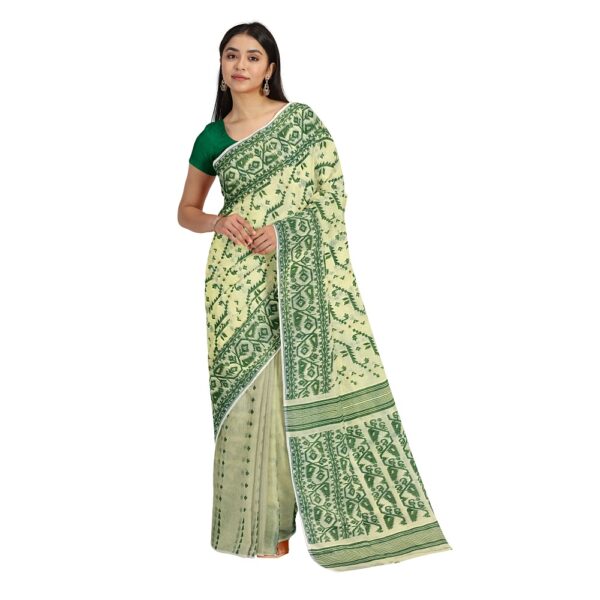 Cream and Green Jamdani Saree