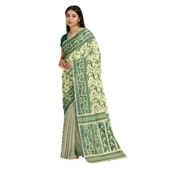 Cream and Green Jamdani Saree