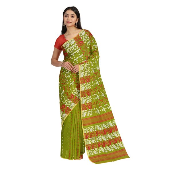 Parrot Green Cotton Silk Dhakai Jamdani Saree