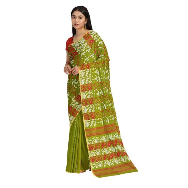 Parrot Green Cotton Silk Dhakai Jamdani Saree