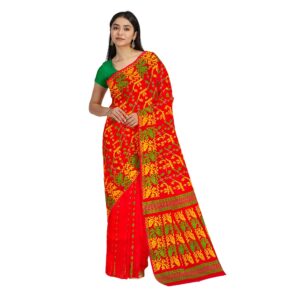 Red Jamdani Saree in Pure Cott...