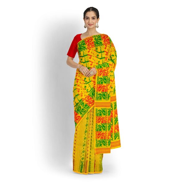 Yellow & Red Cotton Silk Jamdani Saree