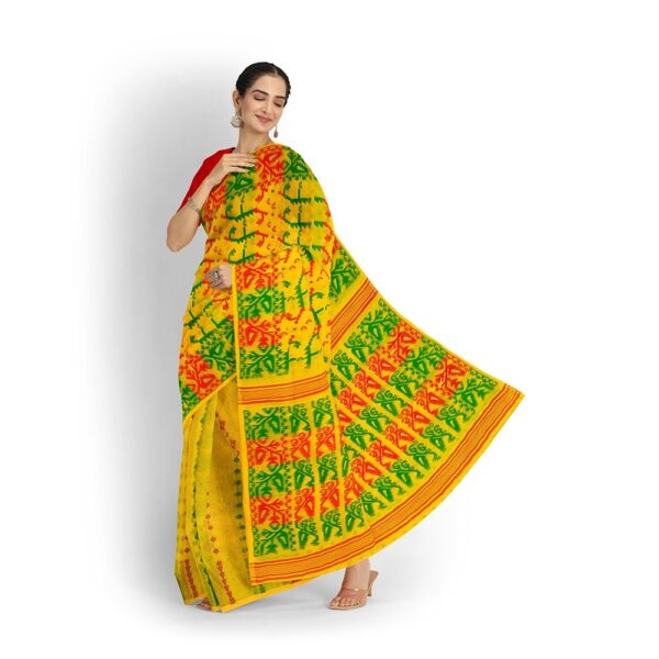 Yellow Red Cotton Silk Jamdani Saree 2