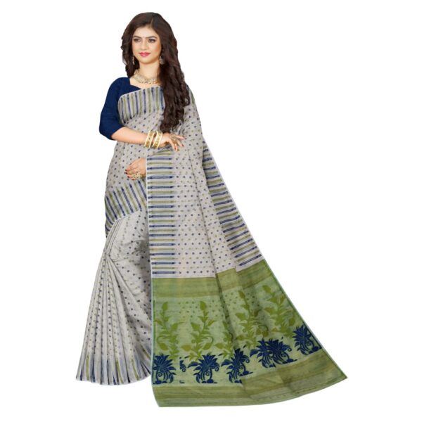 Off White and Green Soft Jamdani Saree