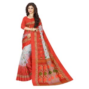 Off White Tant Banarasi Saree with Orange Border