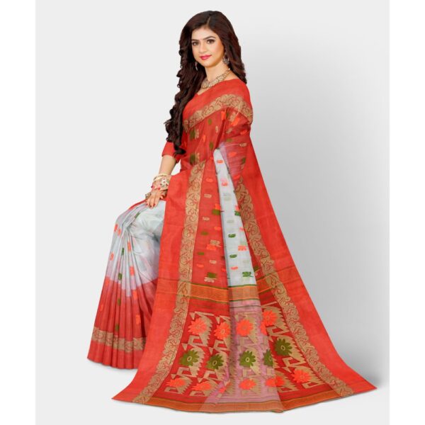 Off White Tant Banarasi Saree with Orange Border