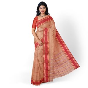 Beige Bengali Cotton Tant Saree with Red Border