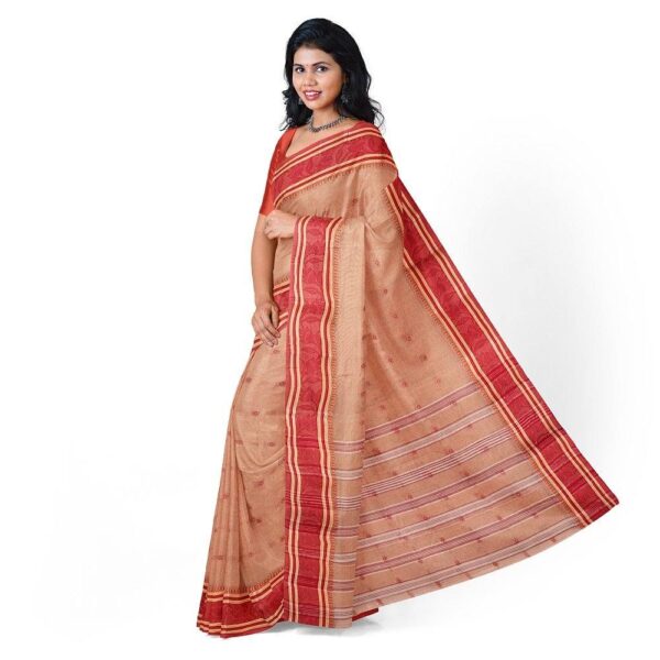 Beige Bengali Cotton Tant Saree with Red Border