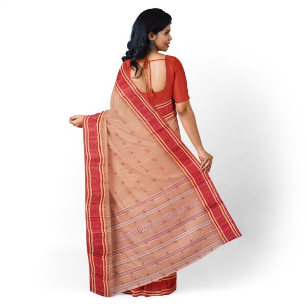 Beige Bengali Cotton Tant Saree with Red Border