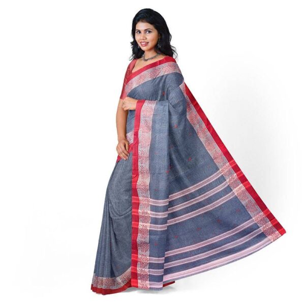 Grey Pure Cotton Tant Saree with Red Border