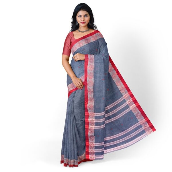 Grey Pure Cotton Tant Saree with Red Border