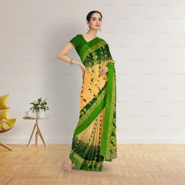 Beige Tant Banarasi Saree with Green Border