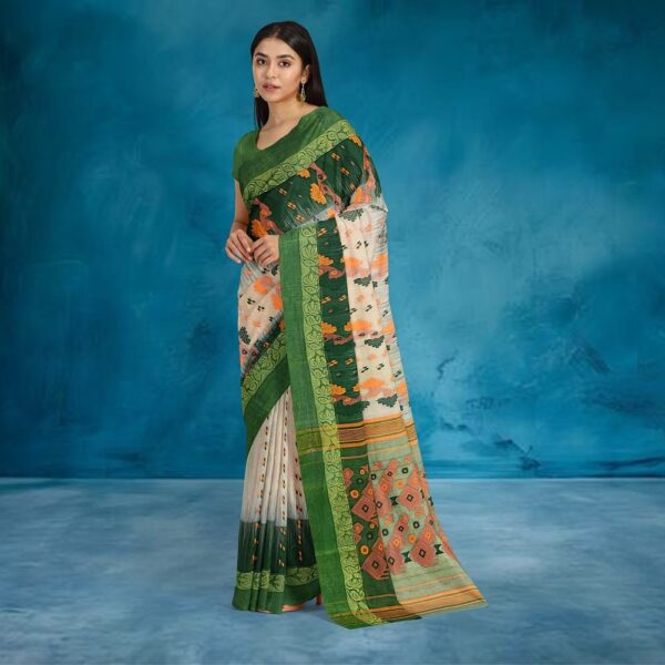 Cream Banarasi Saree with Green Border