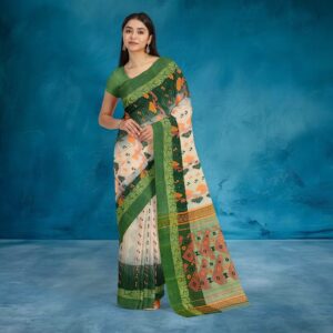 Cream Banarasi Saree with Green Border