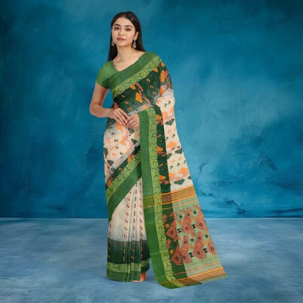 Cream Banarasi Saree with Green Border