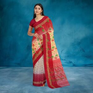 Off White Tant Banarasi Saree with Red Border