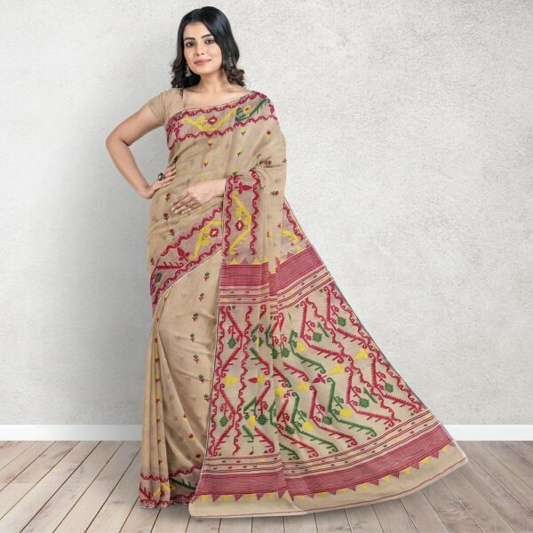 Beige and Red Dhakai Jamdan Saree