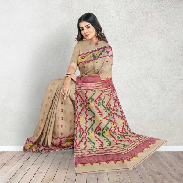 Beige and Red Dhakai Jamdan Saree