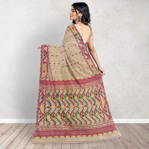 Beige and Red Dhakai Jamdan Saree