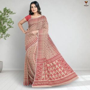 Off White and Red Temple Border Dhakai Jamdani Saree