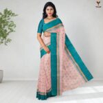 Oyster Pink Pure Cotton Bengali Tant Saree with Sea Green Border
