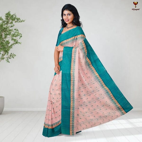 Oyster Pink Pure Cotton Bengali Tant Saree with Sea Green Border